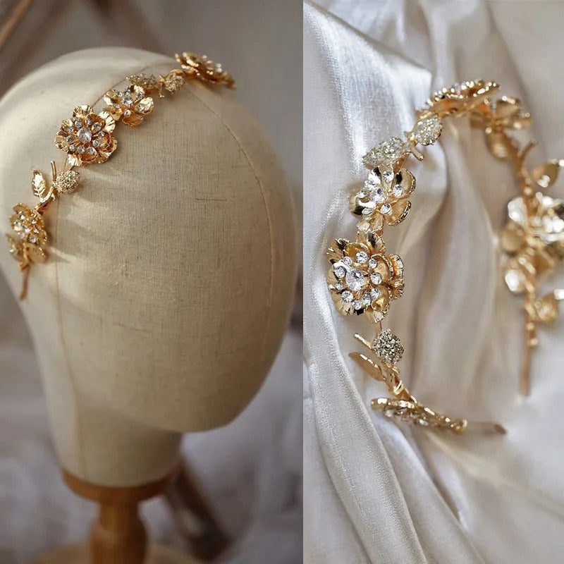 Serena Gold Floral Wedding Crown Headband