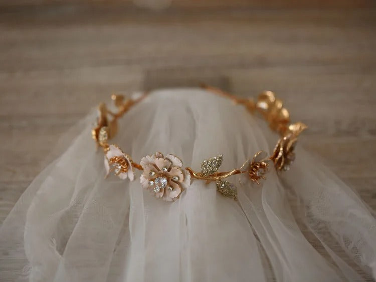 Serena Gold Floral Wedding Crown Headband