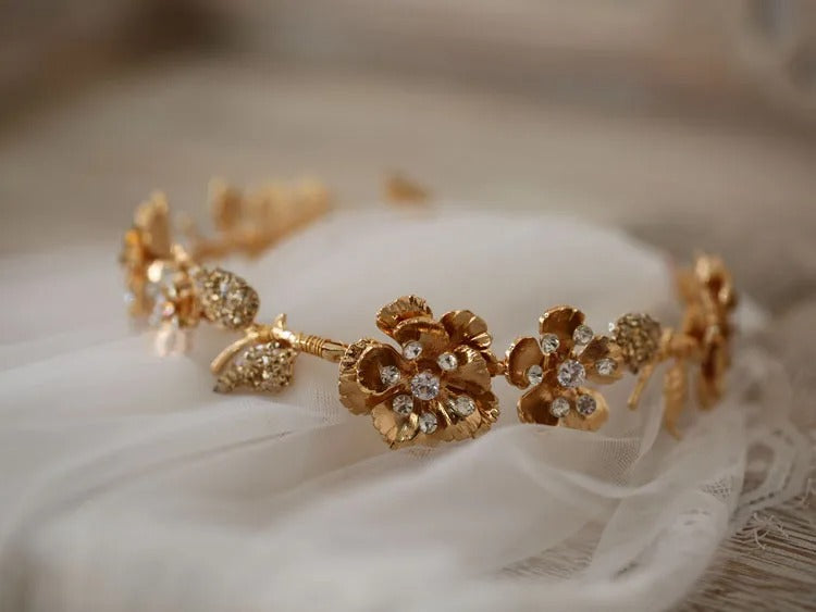 Serena Gold Floral Wedding Crown Headband