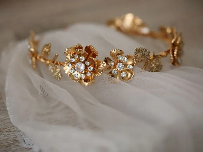 Serena Gold Floral Wedding Crown Headband