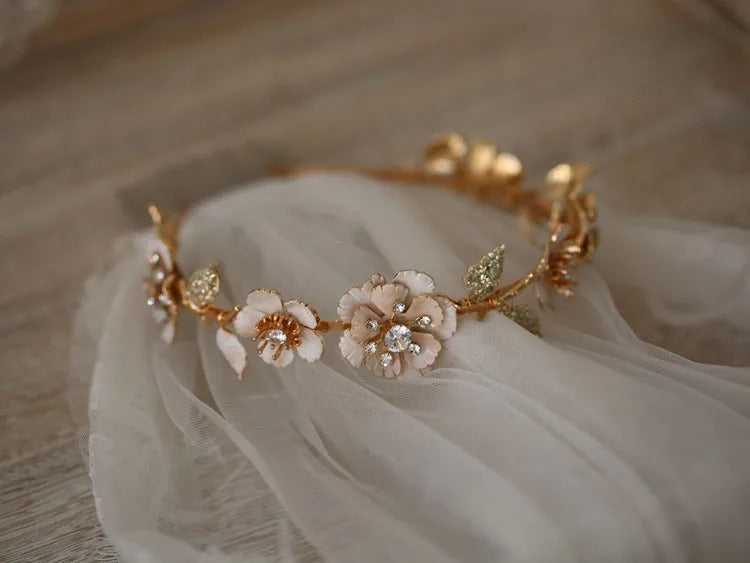 Serena Gold Floral Wedding Crown Headband